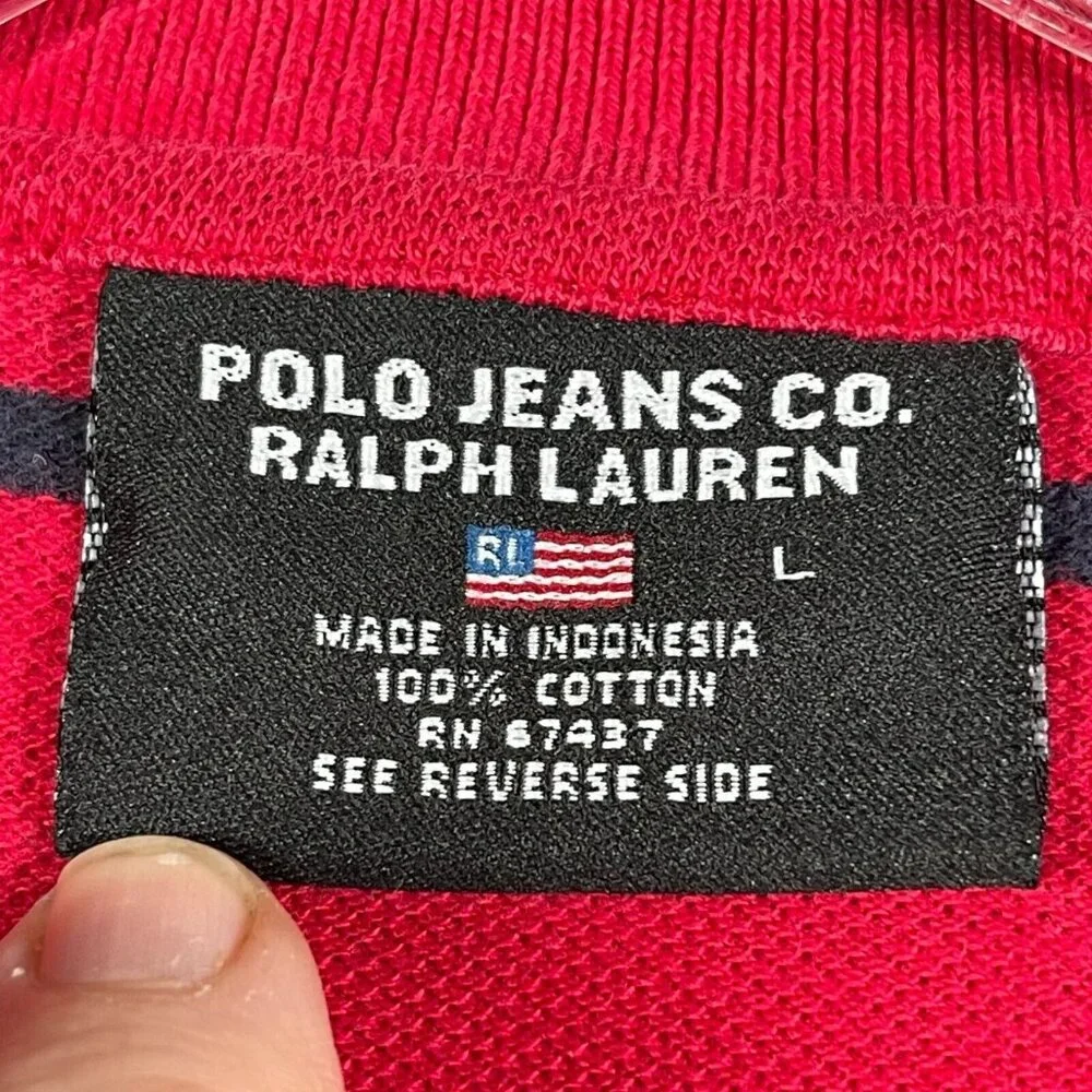 Ralph Lauren Polo Jeans Co Polo Shirt Mens L Red Black Striped Short Sleeve Flag